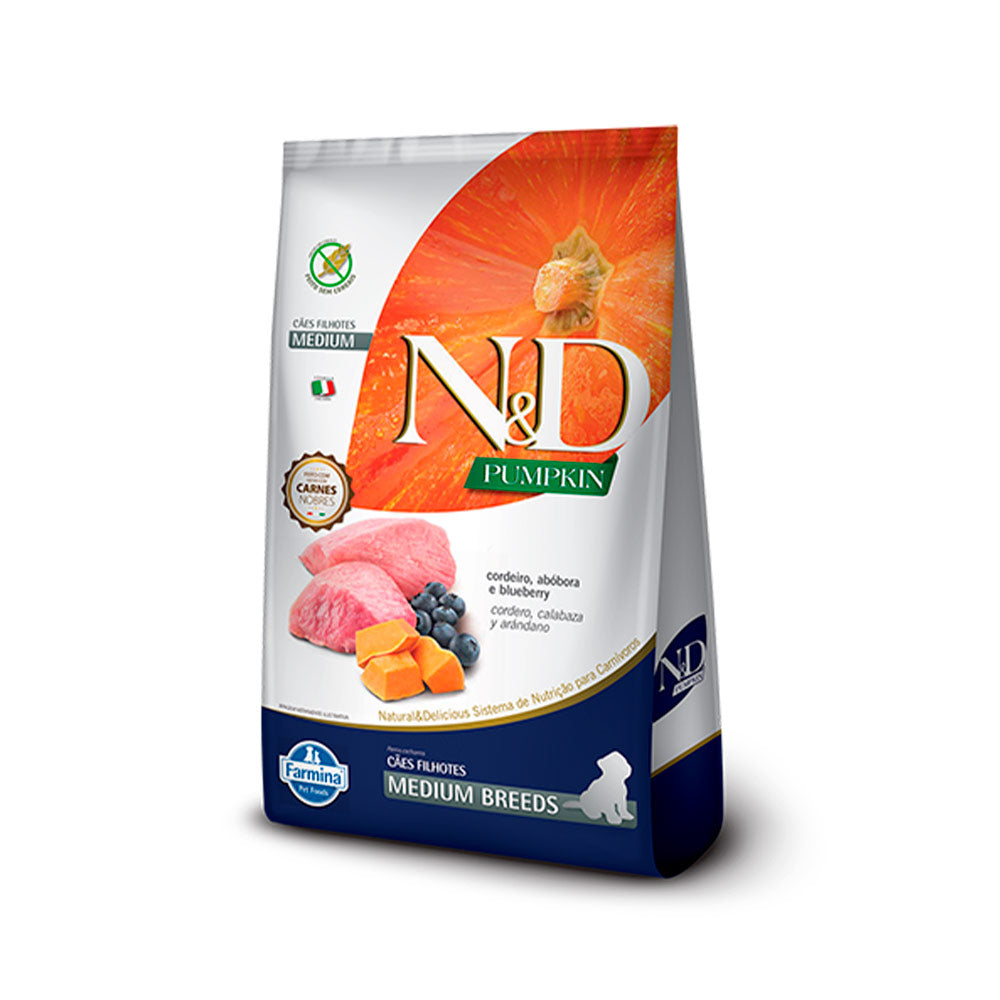 Ração N&D Pumpkin para Cães Filhotes Raças Média sabor Cordeiro, Abóbora e Blueberry 2,5kg