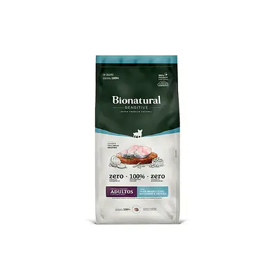 Ração Bionatural Sensitive para Cães Adultos de Raças Pequenas Sabor Peixe Branco, Coco, Blueberry e Ervilha