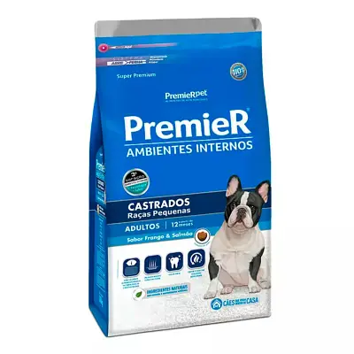 Ração Premier Ambientes Internos Cães Adultos Castrados Raças Pequenas Frango e Salmão 2,5Kg