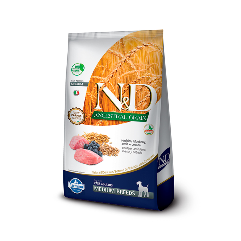Ração N&D Ancestral Grain para Cães Adultos de Raças Médias Sabor Cordeiro e Blueberry
