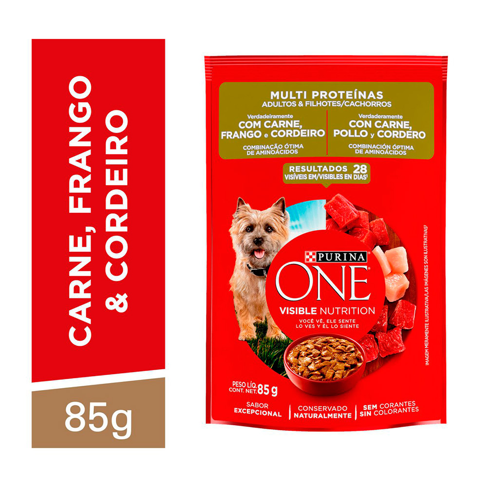 Ração Úmida Purina One para Cães Adultos e Filhotes Sabor Carne, Frango e Cordeiro 85 g