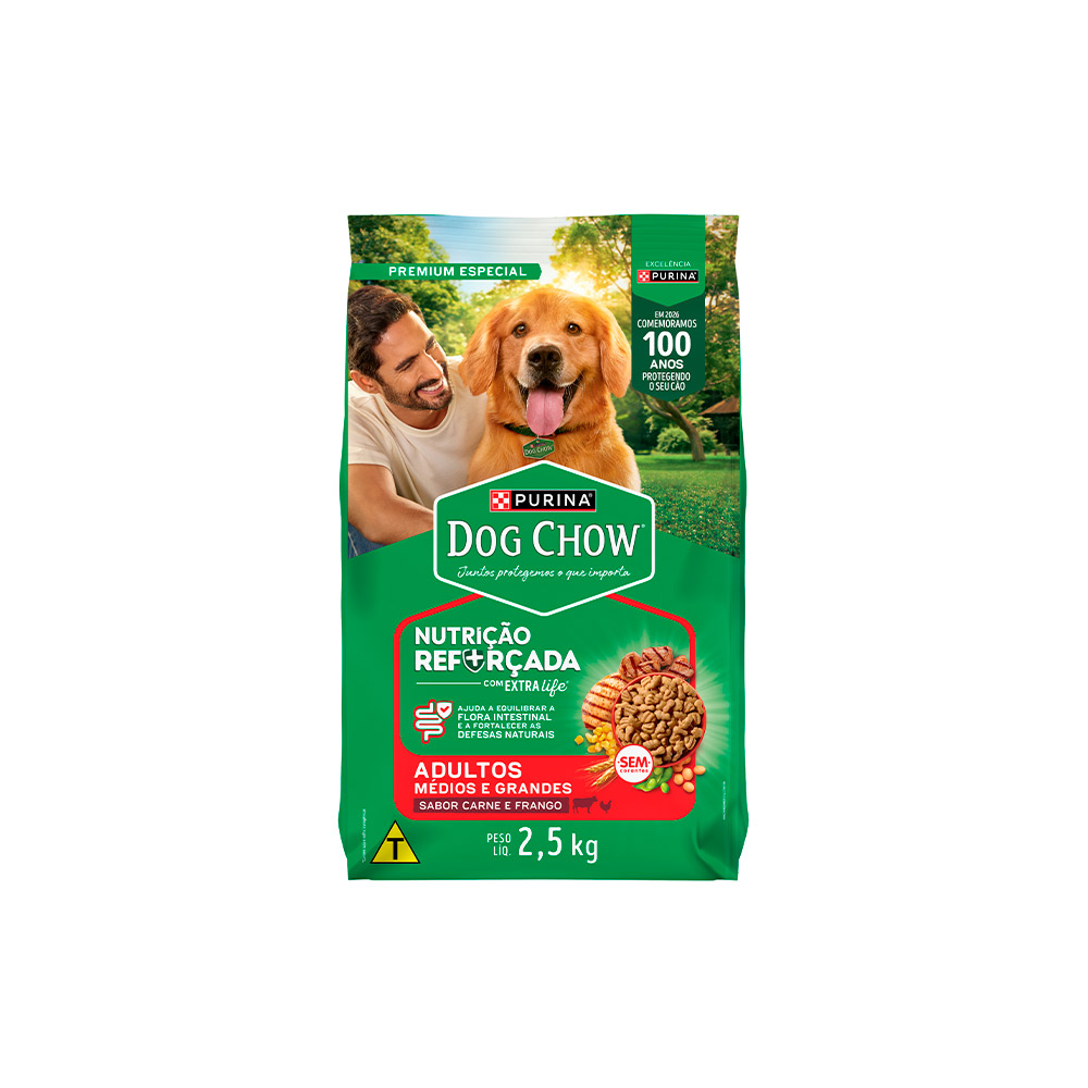 Ração Dog Chow para Cães Adultos de Raças Médias e Grandes Sabor Carne, Frango e Arroz 2,5 kg