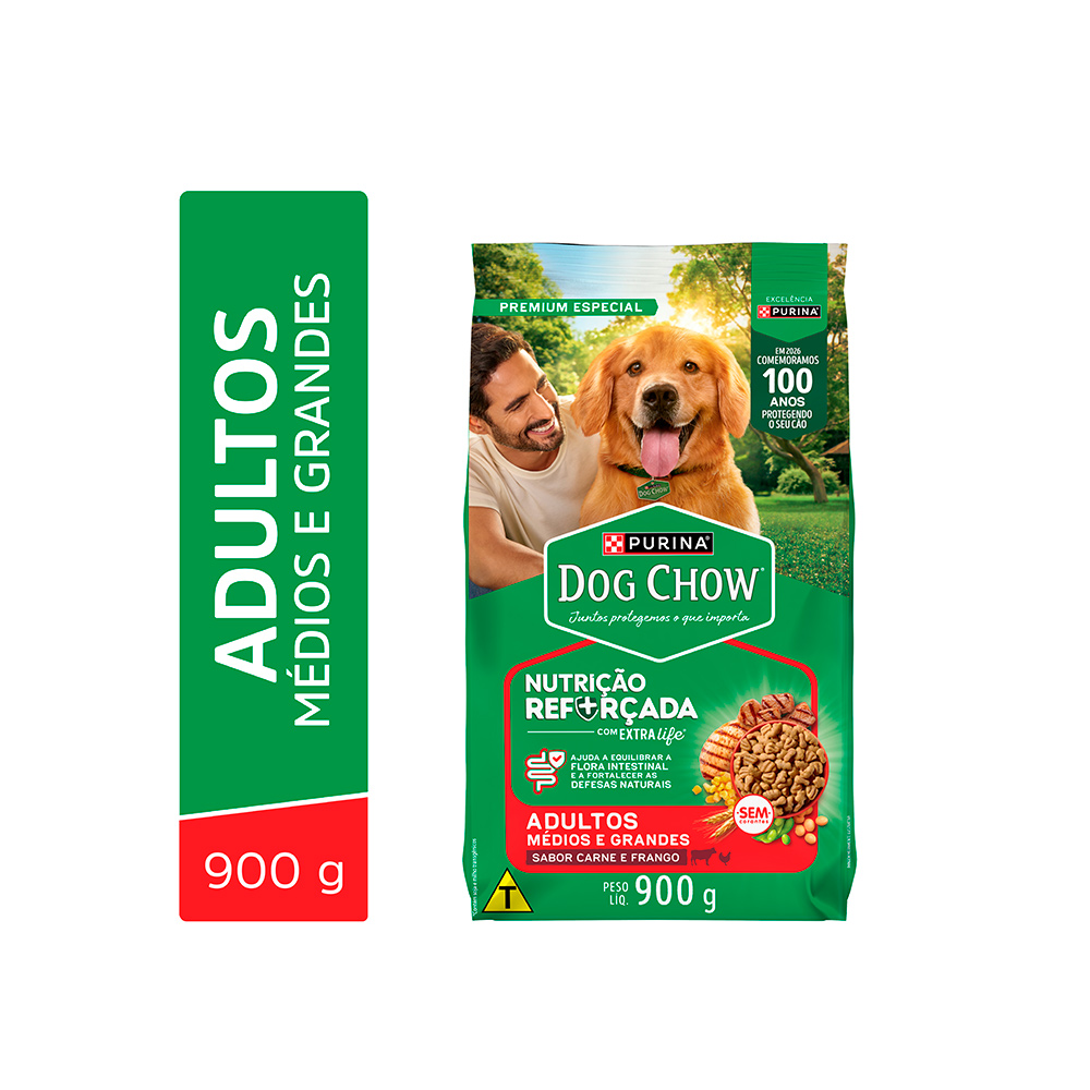 Ração Dog Chow Nutrição Reforçada para Cães Adultos de Médio e Grande Porte Sabor Carne, Frango e Arroz 900 g
