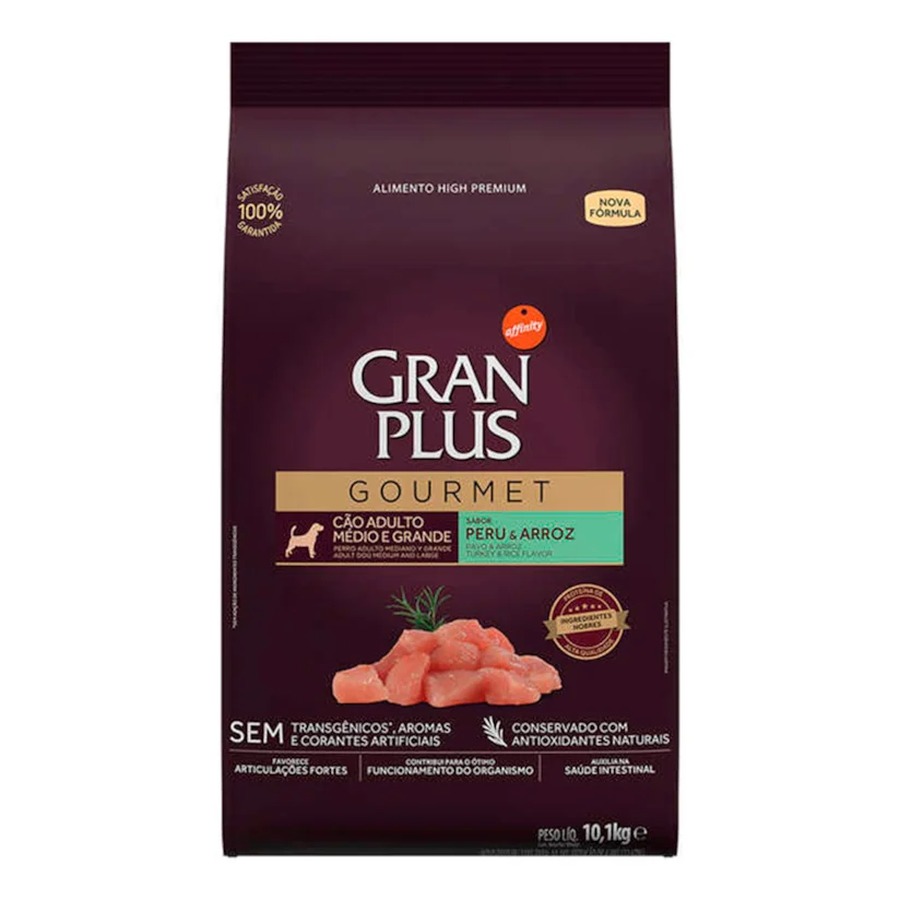 Ração Gran Plus Gourmet Cães Adultos Porte Médio e Grande Peru e Arroz 10,1kg