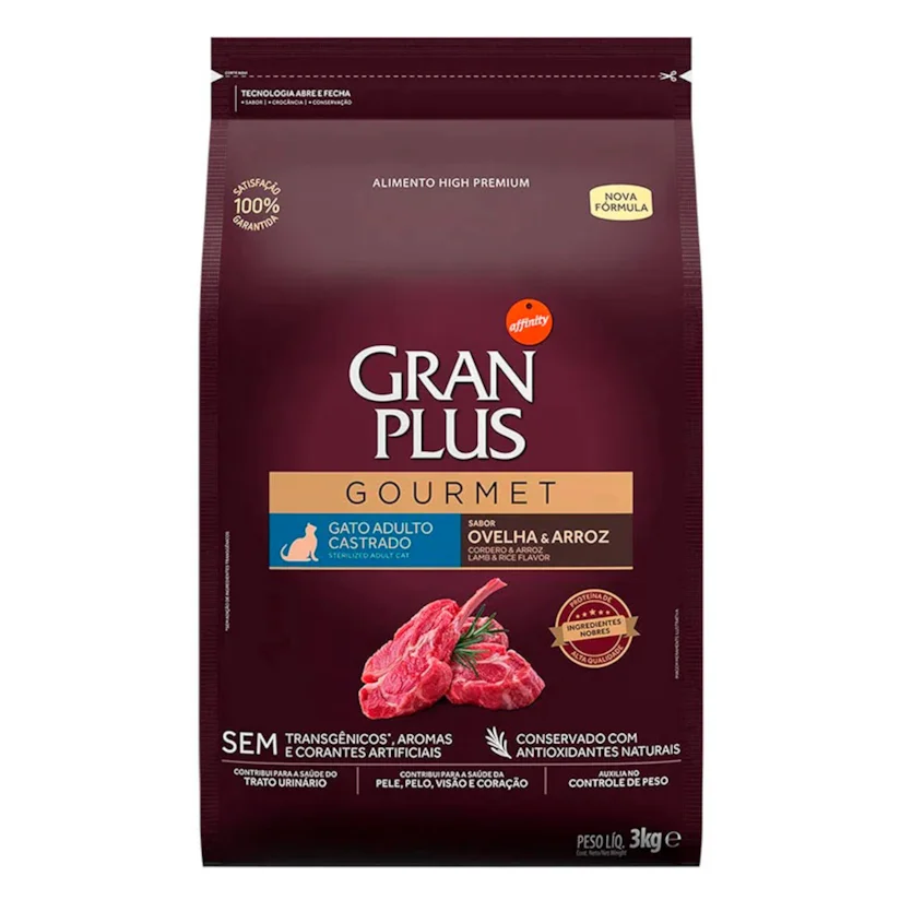 Ração Gran Plus Gourmet Gatos Adultos Castrados Ovelha e Arroz 1kg