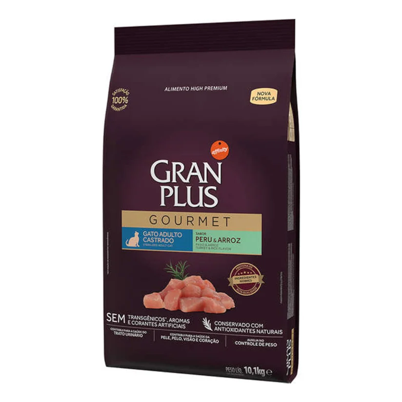Ração Gran Plus Gourmet Gatos Adultos Castrados Peru e Arroz 10,1kg com Pacotes individuais 1kg