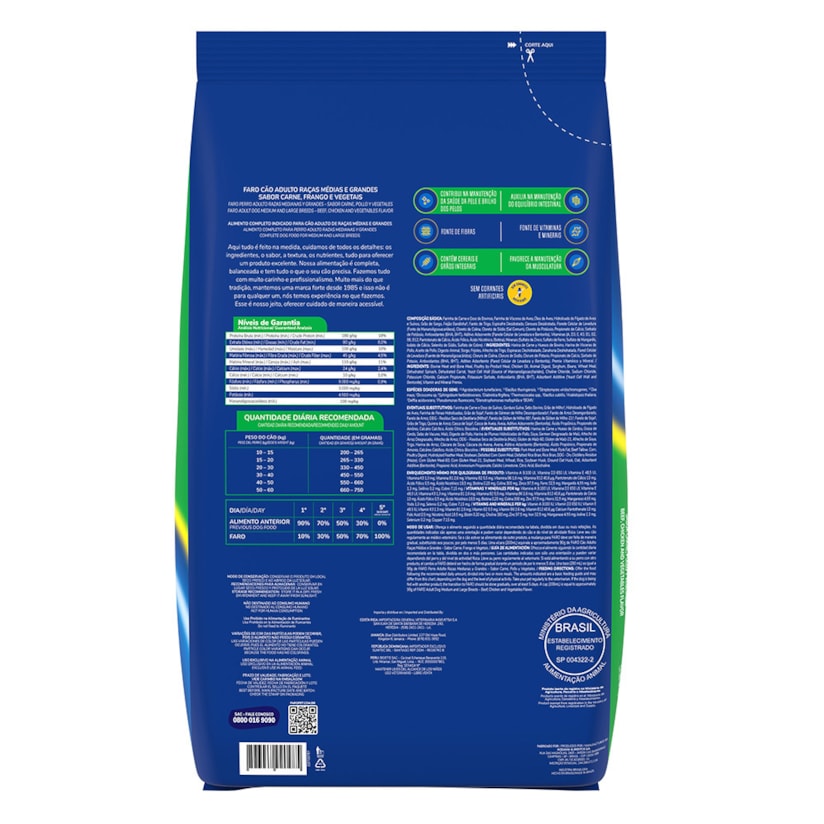 Ração Faro para Cães Adultos Médios e Grandes Sabor Carne, Frango e Vegetais 7kg
