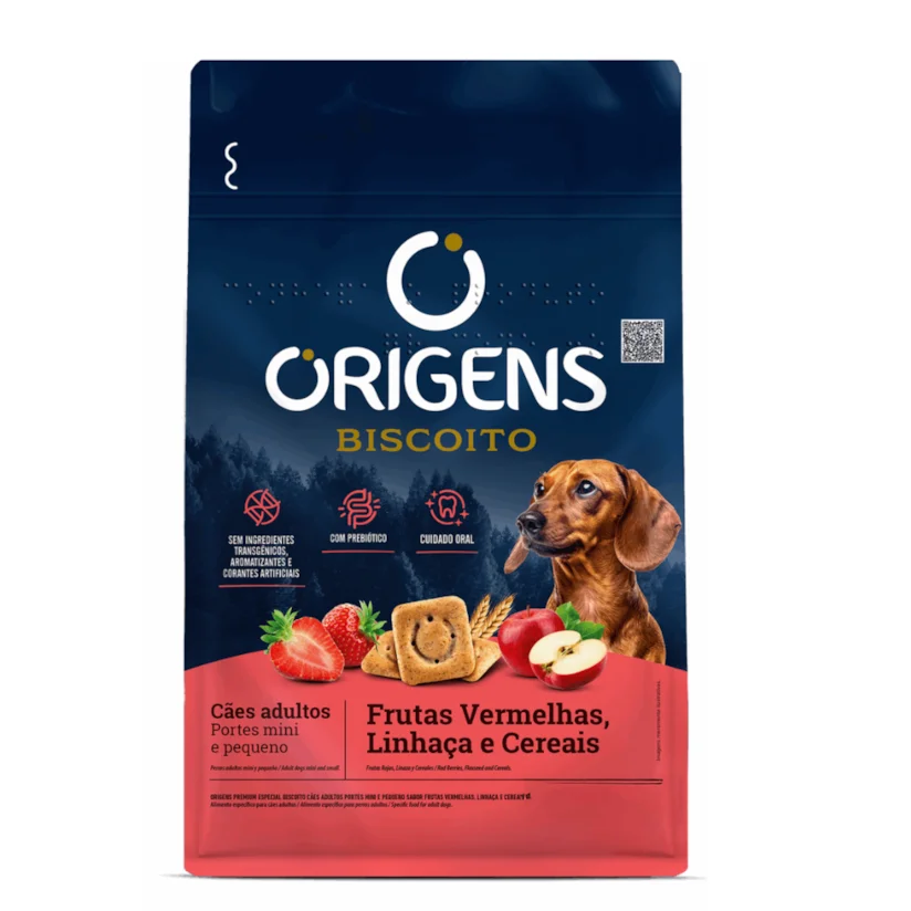 Biscoito Origens Cães Adultos Porte Pequeno Sabor Frutas Vermelhas, Linhaça e Cereais 400g