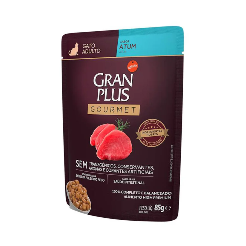 Ração Úmida Gran Plus Gourmet Gatos Adultos Atum Sachê 85g com 5 Unidades
